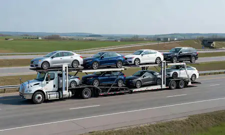 Multi-level car carrier on the highway to Cottage Grove, Minnesota, United States