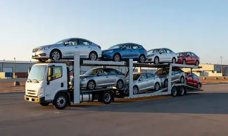 Car transporter loaded with vehicles in Cottage Grove, Minnesota, United States