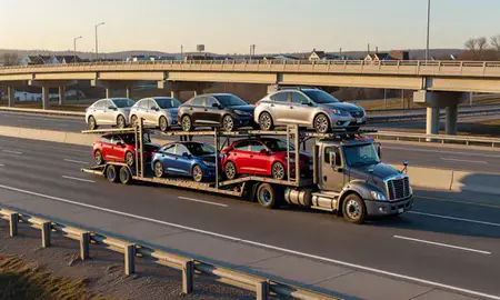 Car transporter with the Cottage Grove, Minnesota, United States skyline behind it
