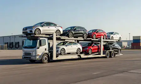 Car transporter loaded with vehicles in Duluth, Minnesota, United States