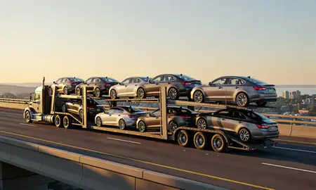 Car transporter with the Duluth, Minnesota, United States skyline behind it