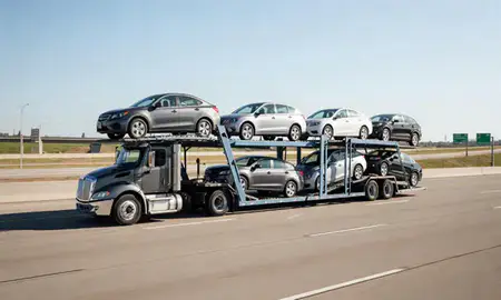Multi-level car carrier on the highway to Eagan, Minnesota, United States