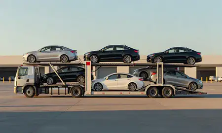 Car transporter parked in an industrial area of Eagan, Minnesota, United States
