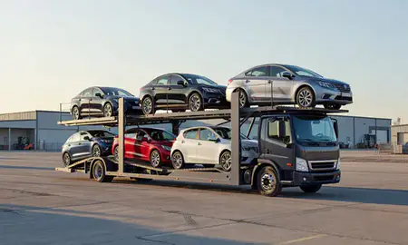 Car transporter loaded with vehicles in Eagan, Minnesota, United States