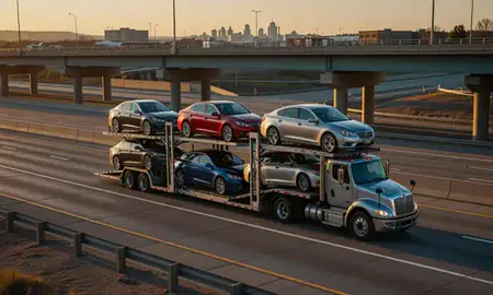 Car transporter with the Eagan, Minnesota, United States skyline behind it
