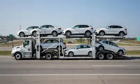 Multi-level car carrier on the highway to Eden Prairie, Minnesota, United States
