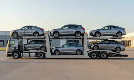 Car transporter parked in an industrial area of Eden Prairie, Minnesota, United States
