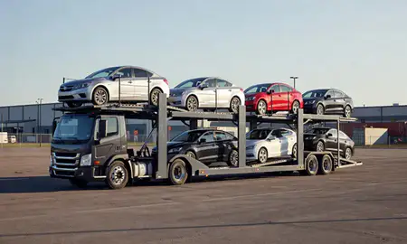 Car transporter loaded with vehicles in Eden Prairie, Minnesota, United States