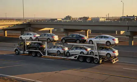 Car transporter with the Eden Prairie, Minnesota, United States skyline behind it