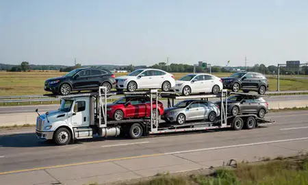 Multi-level car carrier on the highway to Edina, Minnesota, United States