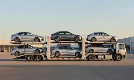 Car transporter parked in an industrial area of Edina, Minnesota, United States