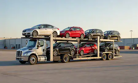 Car transporter loaded with vehicles in Edina, Minnesota, United States