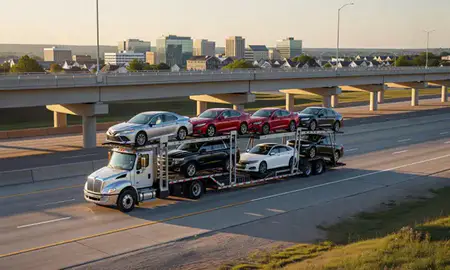 Car transporter with the Edina, Minnesota, United States skyline behind it
