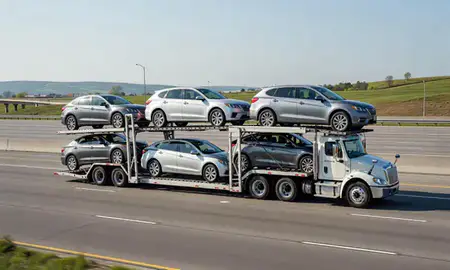 Multi-level car carrier on the highway to Inver Grove Heights, Minnesota, United States