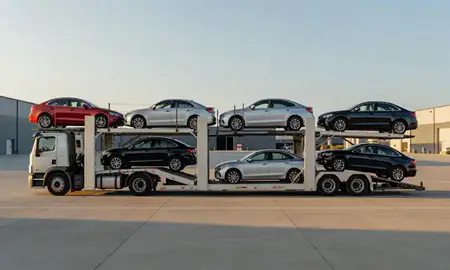 Car transporter parked in an industrial area of Inver Grove Heights, Minnesota, United States