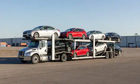 Car transporter loaded with vehicles in Inver Grove Heights, Minnesota, United States