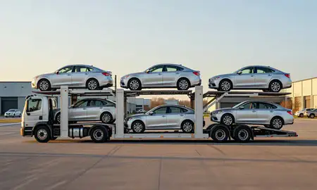 Car transporter parked in an industrial area of Lakeville, Minnesota, United States