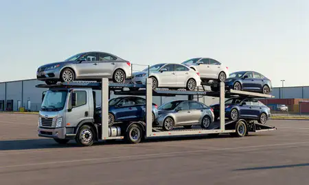 Car transporter loaded with vehicles in Lakeville, Minnesota, United States