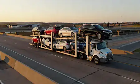 Car transporter with the Lakeville, Minnesota, United States skyline behind it