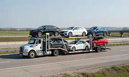 Multi-level car carrier on the highway to Mankato, Minnesota, United States