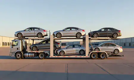 Car transporter parked in an industrial area of Mankato, Minnesota, United States