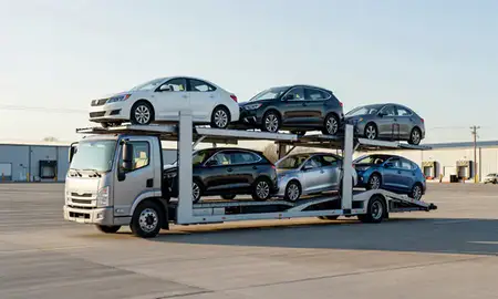 Car transporter loaded with vehicles in Mankato, Minnesota, United States