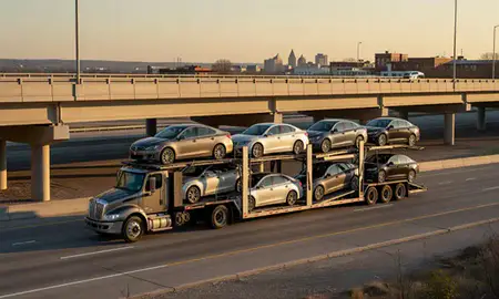 Car transporter with the Mankato, Minnesota, United States skyline behind it