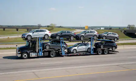 Multi-level car carrier on the highway to Maple Grove, Minnesota, United States
