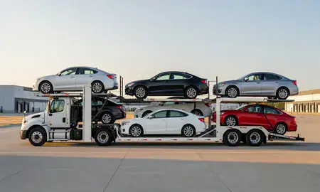 Car transporter parked in an industrial area of Maple Grove, Minnesota, United States