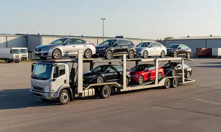 Car transporter loaded with vehicles in Maple Grove, Minnesota, United States