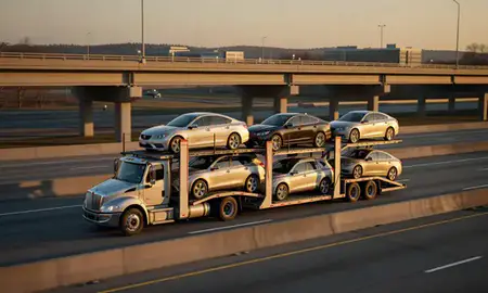 Car transporter with the Maple Grove, Minnesota, United States skyline behind it