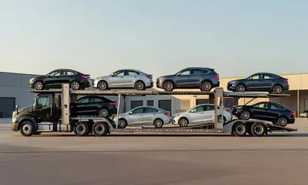 Car transporter parked in an industrial area of Maplewood, Minnesota, United States