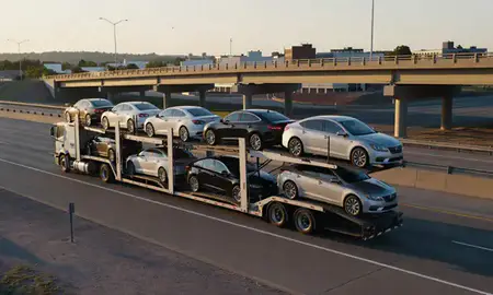 Car transporter with the Maplewood, Minnesota, United States skyline behind it