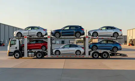 Car transporter parked in an industrial area of Minneapolis, Minnesota, United States