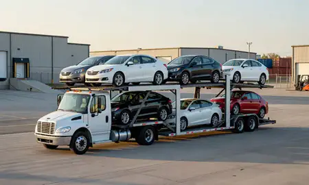 Car transporter loaded with vehicles in Minneapolis, Minnesota, United States