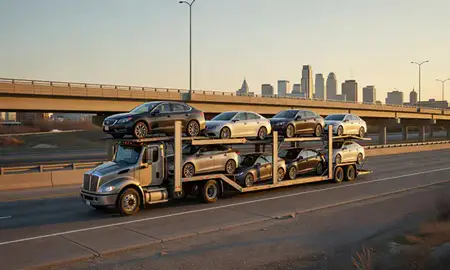 Car transporter with the Minneapolis, Minnesota, United States skyline behind it