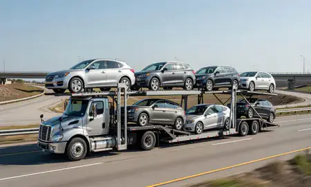 Multi-level car carrier on the highway to Minnetonka, Minnesota, United States
