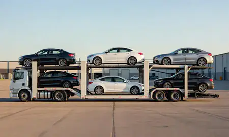 Car transporter parked in an industrial area of Minnetonka, Minnesota, United States