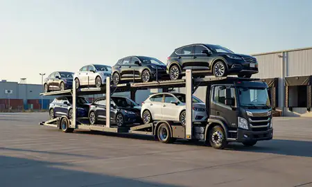 Car transporter loaded with vehicles in Minnetonka, Minnesota, United States