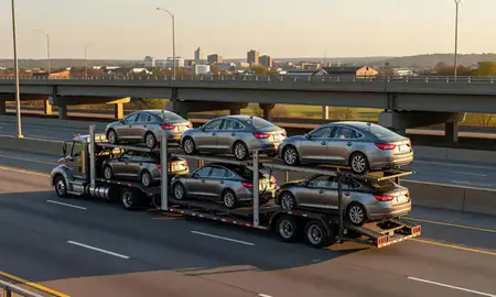 Car transporter with the Minnetonka, Minnesota, United States skyline behind it