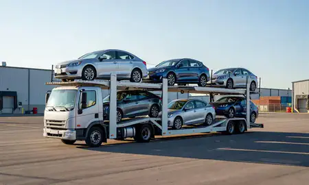 Car transporter loaded with vehicles in Moorhead, Minnesota, United States