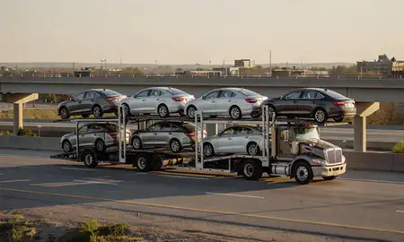 Car transporter with the Moorhead, Minnesota, United States skyline behind it