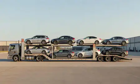 Car transporter parked in an industrial area of Plymouth, Minnesota, United States