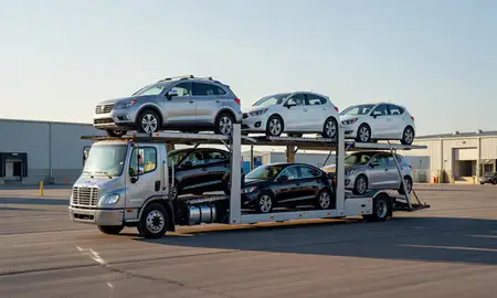 Car transporter loaded with vehicles in Plymouth, Minnesota, United States