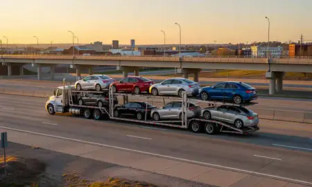 Car transporter with the Plymouth, Minnesota, United States skyline behind it