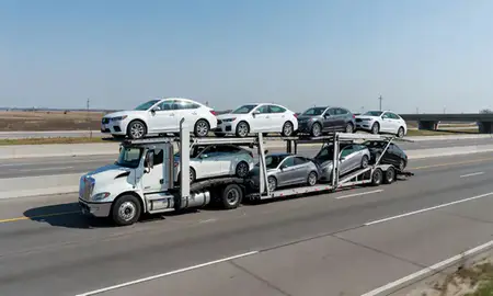 Multi-level car carrier on the highway to Richfield, Minnesota, United States