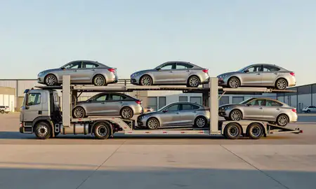 Car transporter parked in an industrial area of Richfield, Minnesota, United States