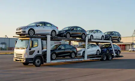 Car transporter loaded with vehicles in Richfield, Minnesota, United States