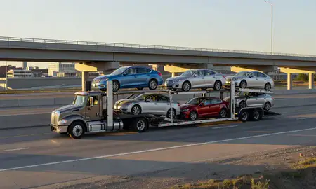 Car transporter with the Richfield, Minnesota, United States skyline behind it