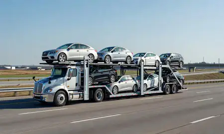 Multi-level car carrier on the highway to Rochester, Minnesota, United States